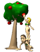Eve standing on Adams back being able to reach the apple in the tree - animation