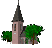 Gammel kirke med trer som vinden blser i - animation